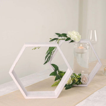 2 Pack 9" Hexagon Whitewashed Wood Centerpiece, Geometric Terrarium, Honeycomb Storage Shelf