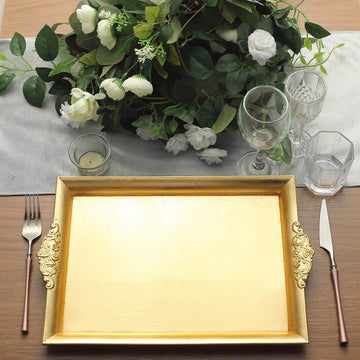 2-Pack Acrylic Rectangle Serving Trays 14"x10" in Gold with Embossed Handles, Sleek Decorative Dinner Party Food Platters