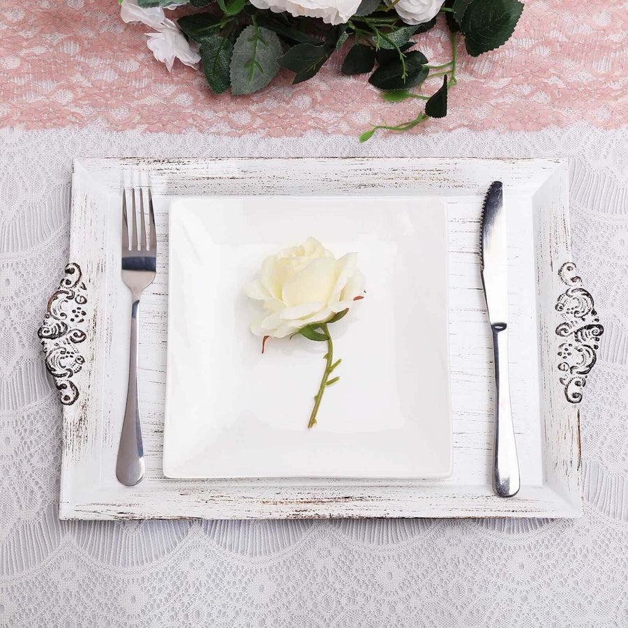 Antique White Wash Rectangle Decorative Acrylic Serving Trays With Embossed Rims - 14x10Inch