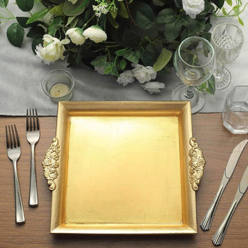 2-Pack Acrylic Square Serving Trays 10" in Metallic Gold with Embossed Handles, Decorative Dinner Party Food Platters