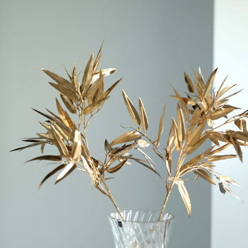 2-Pack Artificial Metallic Bamboo Leaf Branches Gold - Shiny Faux Plant Stems Vase Filler Floral Arrangement Centerpiece Decor 33"