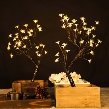 2-Pack Artificial Tree Centerpieces Cherry Blossom Design Black with 36 Warm White LEDs - Battery Operated Table Décor