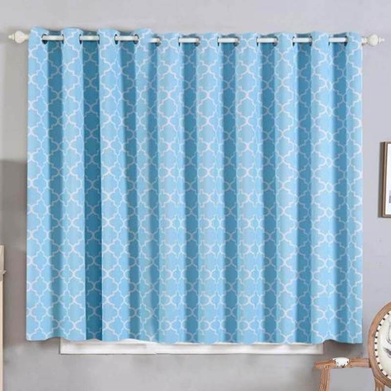 Blue/White Lattice Room Darkening Blackout Curtain Panels With Grommet, Designer Trellis Curtains