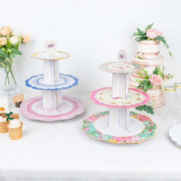 2-Pack Cardboard Round Cupcake Stand Assorted Floral Design - 3-Tier Reusable Dessert Display Pedestal With Scalloped Edges for Garden-Themed Celebrations 14"