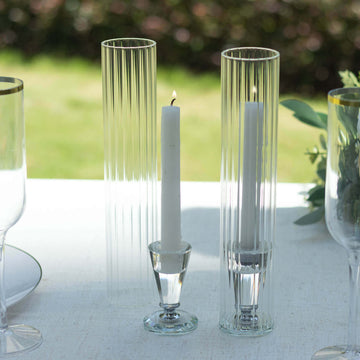 2-Pack Clear Ribbed Glass Hurricane Shades Open End Design - Stylish Candelabra Pillar Candle Holder Table Centerpiece 10"