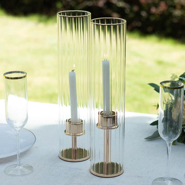 2-Pack Clear Ribbed Glass Hurricane Shades Open End Design - Stylish Candelabra Pillar Candle Holder Table Centerpiece 14"