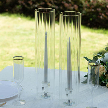 2-Pack Clear Ribbed Glass Hurricane Shades Open End Design - Stylish Candelabra Pillar Candle Holder Table Centerpiece 18"