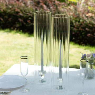 2-Pack Clear Ribbed Glass Hurricane Shades Open End Design - Stylish Candelabra Pillar Candle Holder Table Centerpiece 20"