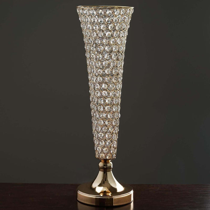 2 Pack | 22inch Tall Gold Crystal Beaded Metal Trumpet Vase Centerpieces