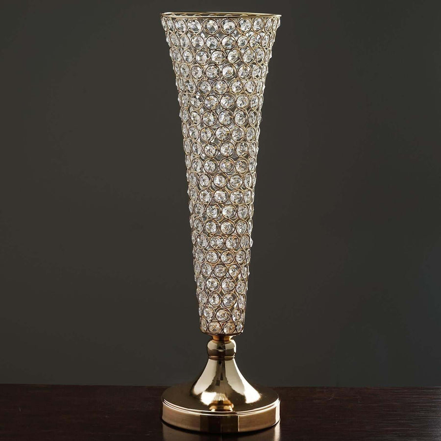 2 Pack | 22inch Tall Gold Crystal Beaded Metal Trumpet Vase Centerpieces