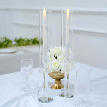 2-Pack Crystal Glass Hurricane Taper Candle Holders, Tall Decorative Candle Stands Clear Cylinder Chimney Tubes 18"