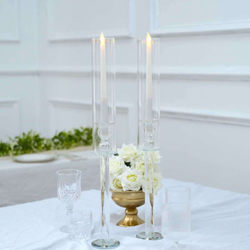 2-Pack Crystal Glass Hurricane Taper Candle Holders, Tall Decorative Candle Stands Clear Cylinder Chimney Tubes 22"