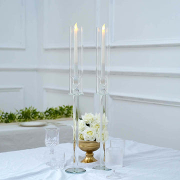 2-Pack Crystal Glass Hurricane Taper Candle Holders, Tall Decorative Candle Stands Clear Cylinder Chimney Tubes 26"