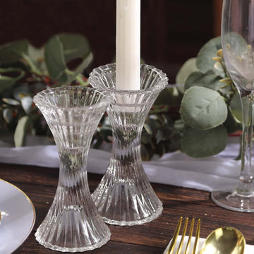 2-Pack Crystal Pillar Candlestick Stands Hour Glass Design with Diagonal Stripes Clear - Reversible Taper Holders 5"