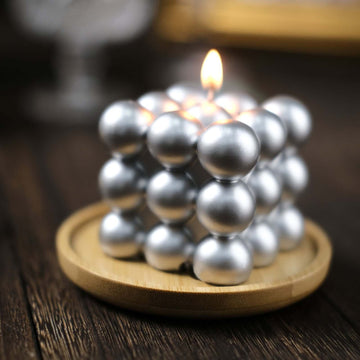 2-Pack Decorative Paraffin Wax Candles Bubble Cube Design Metallic Silver - Unscented Long Burning Pillar Candle Set 2"