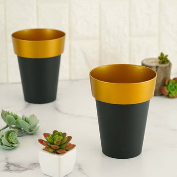 2-Pack Flower Plant Pots Medium Design Black with Gold Rim - Plastic Indoor Decorative Planters 6"