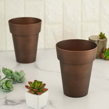 2-Pack Flower Plant Pots Medium Design Rustic Brown - Plastic Indoor Decorative Planters 6"