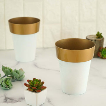 2-Pack Flower Plant Pots Medium Design White with Gold Rim - Plastic Indoor Decorative Planters 6"