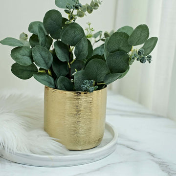 2-Pack Flower Plant Pots Textured Round Design Metallic Gold - Ceramic Cylindrical Indoor Planters 5"