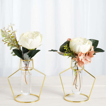 2-Pack Flower Stands Gold Metal Frame Geometric Design - Test Tube Vase Centerpieces 6.5"