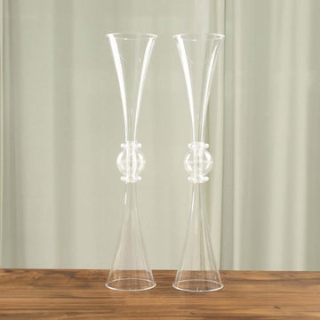 2-Pack Flower Vases Trumpet Design with Crystal Embellishments Clear - Reversible Plastic Centerpieces for Events 27"