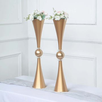 2-Pack Flower Vases Trumpet Design with Crystal Embellishments Gold - Reversible Plastic Centerpieces for Events 27"