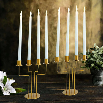 2-Pack Geometric Taper Candelabra 4 Arm Design Gold Metal Decorative Centerpiece - Perfect for Events 8"