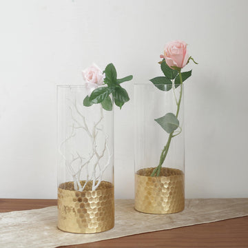 2-Pack Glass Cylinder Vases Honeycomb Design Clear with Gold Base - Decorative Candle Holder Centerpieces 12"