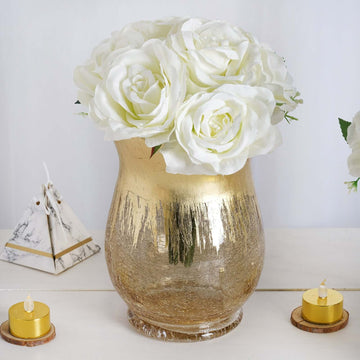 2-Pack Glass Hurricane Vases Bell Shaped Crackle Gold Curvy Design - Stylish Candle Holder Centerpieces 8"