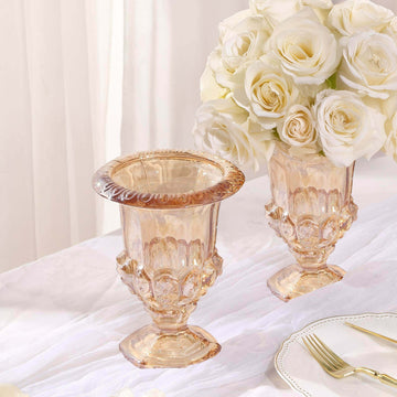 2-Pack Glass Mini Pedestal Flower Vases in Classic Roman Urn Style Amber Gold - Sophisticated Wedding Table Centerpieces 8"