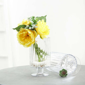 2-Pack Glass Pedestal Vases Ribbed Design Clear - Durable Votive Candle Holders for Events 9"