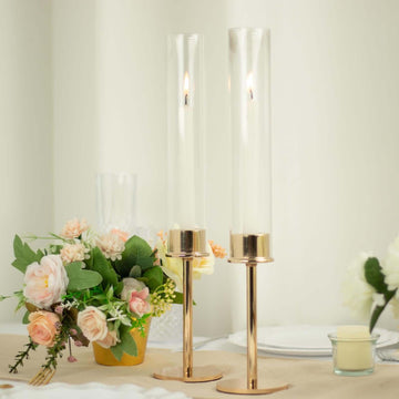 2-Pack Gold Metal Taper Candlestick Holders, Clear Glass Hurricane Candle Stands With Chimney Candle Shades 16"