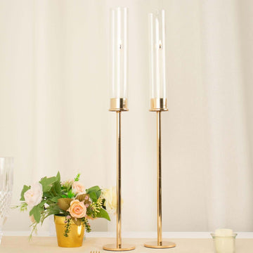 2-Pack Gold Metal Taper Candlestick Holders, Clear Glass Hurricane Candle Stands With Chimney Candle Shades 24"