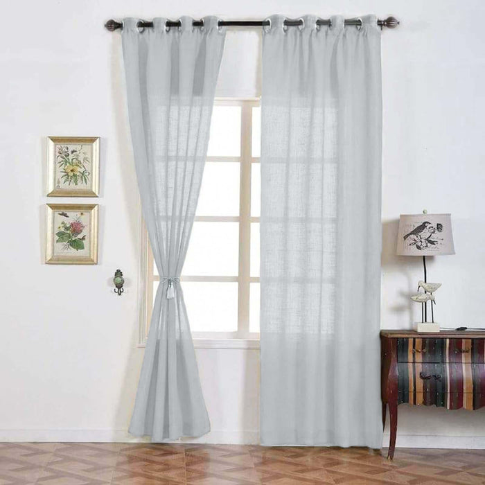 Silver Faux Linen Curtains, Semi Sheer Curtain Panels with Chrome Grommet