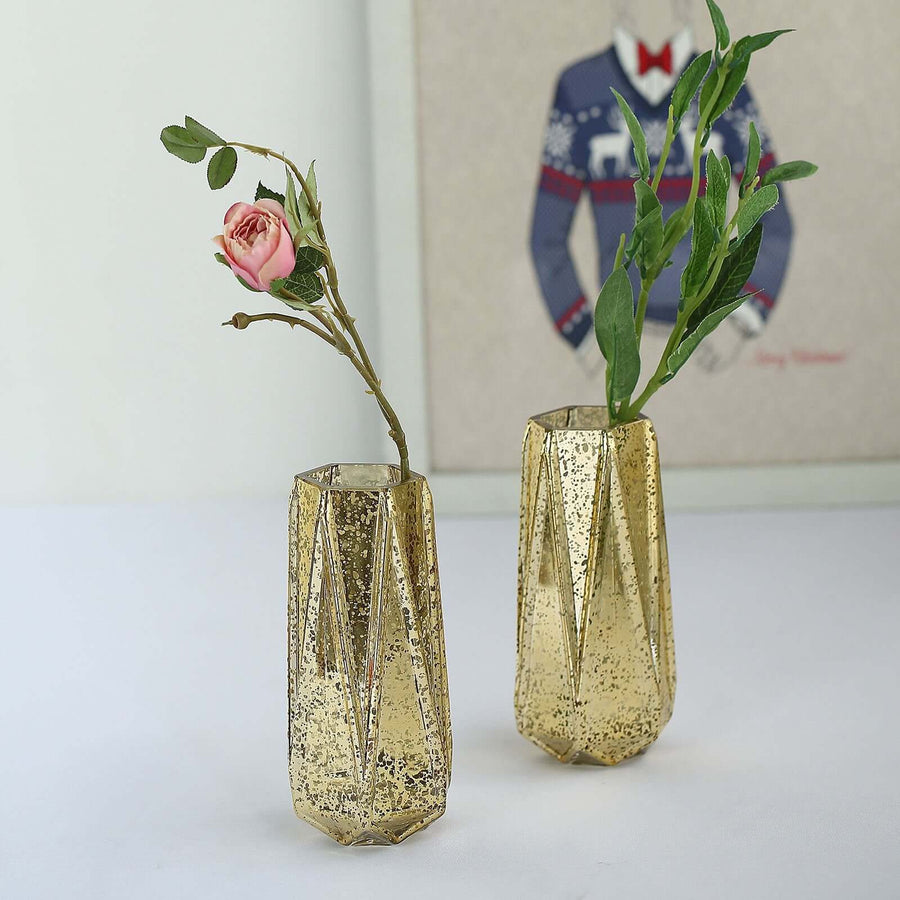 2 Pack | 8 inch Gold Mercury Glass Vases | Geometric Vases Flower Centerpieces