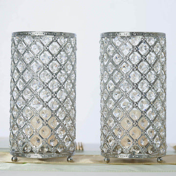 2-Pack Metal Crystal Beaded Pillar Holders Metallic Silver - Versatile Stem Vase Set for Decor 9"