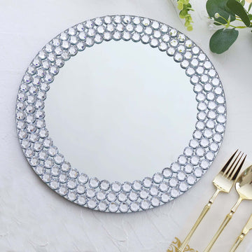 2-Pack Mirror Glass Round Charger Plates 13" with Silver Mirror Diamond Beaded Rim, Upscale Decorative Chargers