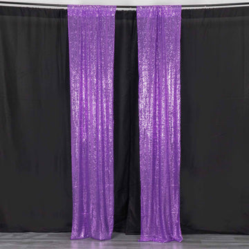 2 Pack Purple Sequin Event Curtain Drapes with Rod Pockets, Seamless Backdrop Event Panels - 8ftx2ft