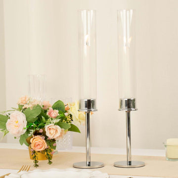 2-Pack Silver Metal Taper Candlestick Holders, Clear Glass Hurricane Candle Stands With Chimney Candle Shades 16"