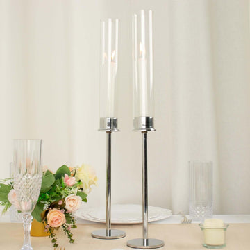 2-Pack Silver Metal Taper Candlestick Holders, Clear Glass Hurricane Candle Stands With Chimney Candle Shades 20"