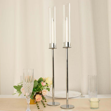 2-Pack Silver Metal Taper Candlestick Holders, Clear Glass Hurricane Candle Stands With Chimney Candle Shades 24"