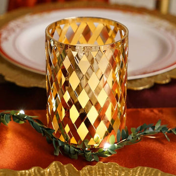 2-Pack Votive Candle Holders Gold Metal Diamond Cut Geometric Design - Perfect for Home Décor and Events 4"