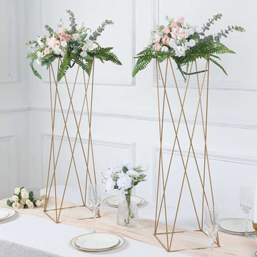 2-Pack Wedding Centerpieces Metal Geometric Crisscross Design Gold - Open Column Pedestal Stands 32"