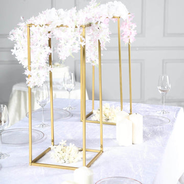 2-Pack Wedding Flower Stand Gold Metal Geometric Column Frame Rectangular - Versatile Floral Pedestal for Sophisticated Arrangements 24"