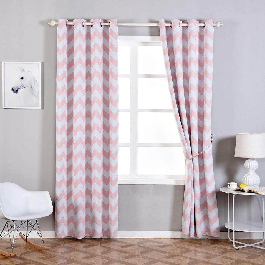 White/Blush Chevron Print Thermal Blackout Window Curtain Grommet Panels, Noise Cancelling Curtains