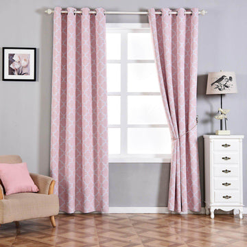 2 Pack White Blush Lattice Print Thermal Blackout Curtains With Chrome Grommet Window Treatment Panels - 52"x108"