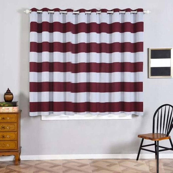 White/Burgundy Cabana Stripe Thermal Blackout Curtains With Chrome Grommet Window Treatment Panels