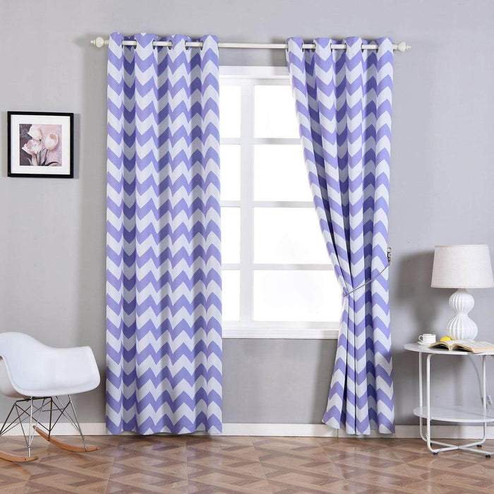 2 Pack | White/Lavender Lilac Chevron Print Thermal Room Darkening Blackout Window Curtain