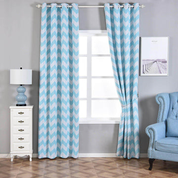 2 Pack White Light Blue Chevron Print Blackout Window Curtain Grommet Panels, Noise Canceling Curtains - 52"x108"