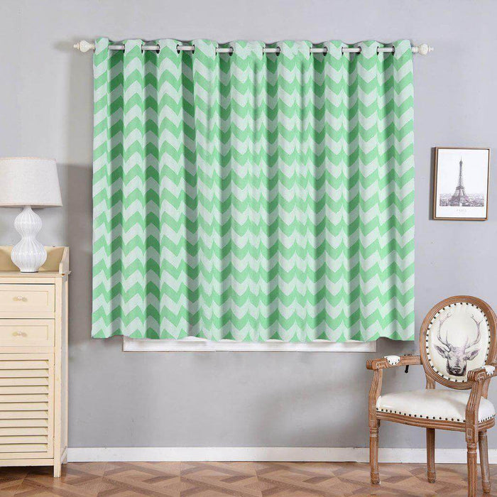 White/Mint Chevron Design Thermal Blackout Soundproof Curtains With Chrome Window Treatment Panels